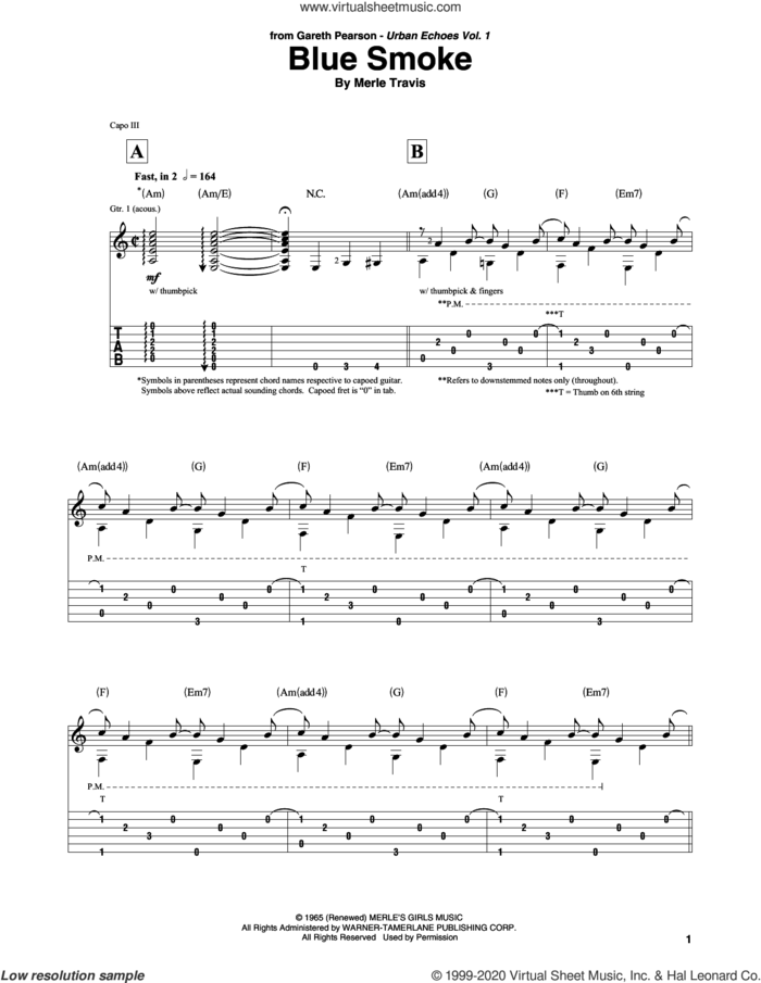 Blue Smoke sheet music for guitar solo by Merle Travis, intermediate skill level