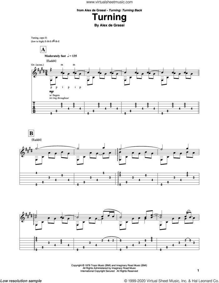 Turning sheet music for guitar solo by Alex de Grassi, intermediate skill level