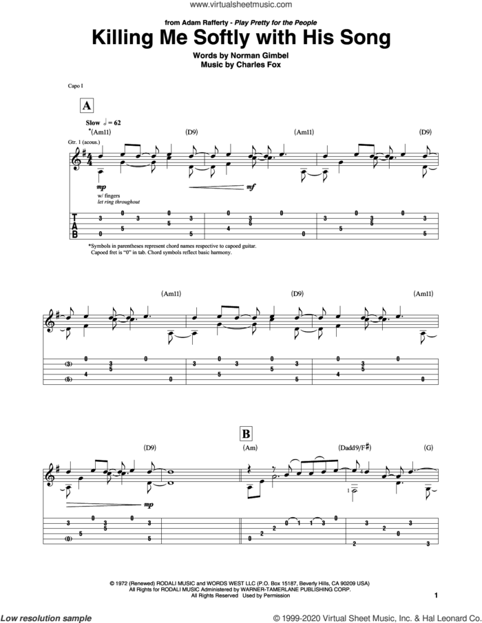 Killing Me Softly With His Song, (intermediate) sheet music for guitar solo by Roberta Flack, The Fugees, Charles Fox and Norman Gimbel, intermediate skill level