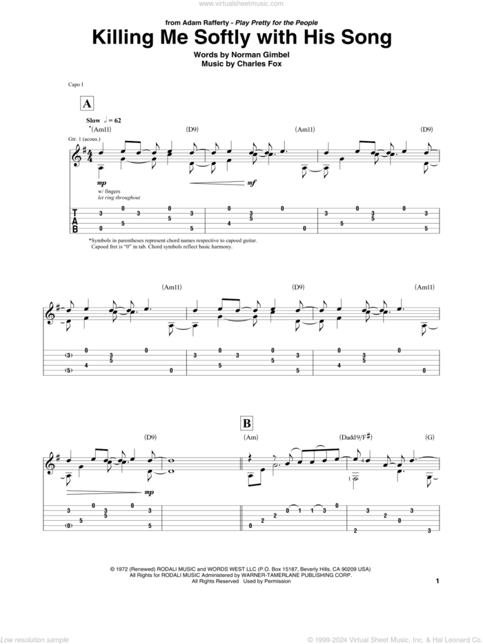 Killing Me Softly With His Song, (intermediate) sheet music for guitar solo by Roberta Flack, The Fugees, Charles Fox and Norman Gimbel, intermediate skill level