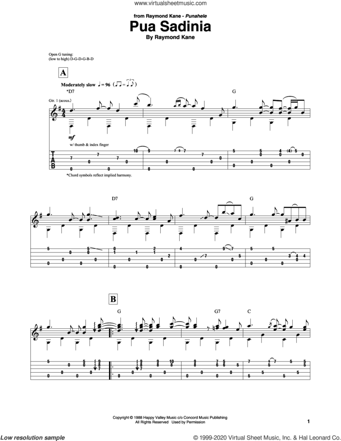 Pua Sadinia sheet music for guitar solo by Raymond Kane, intermediate skill level