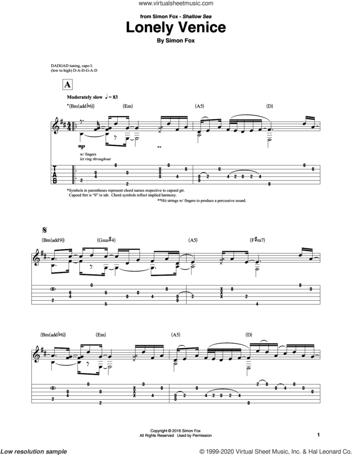 Lonely Venice sheet music for guitar solo by Simon Fox, intermediate skill level