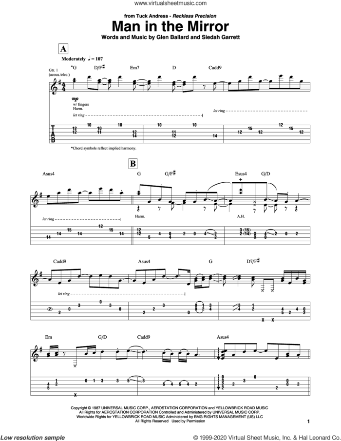 Man In The Mirror, (intermediate) sheet music for guitar solo by Michael Jackson, Glen Ballard and Siedah Garrett, intermediate skill level