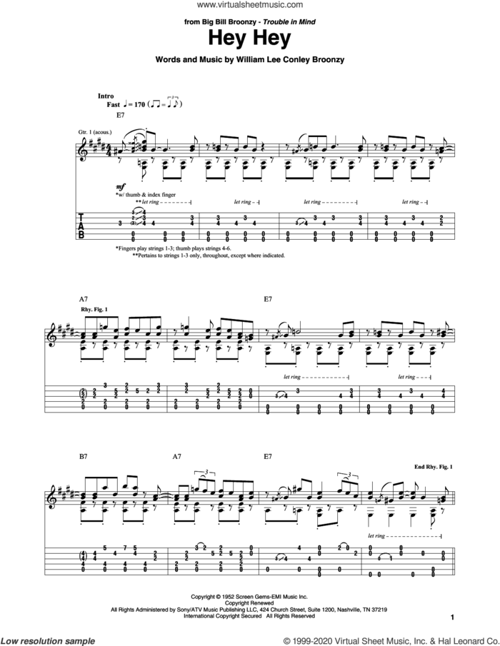 Hey Hey sheet music for guitar solo by Eric Clapton, Big Bill Broonzy and William Lee Conley Broonzy, intermediate skill level