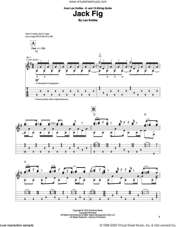 Jack Fig sheet music for guitar solo by Leo Kottke, intermediate skill level