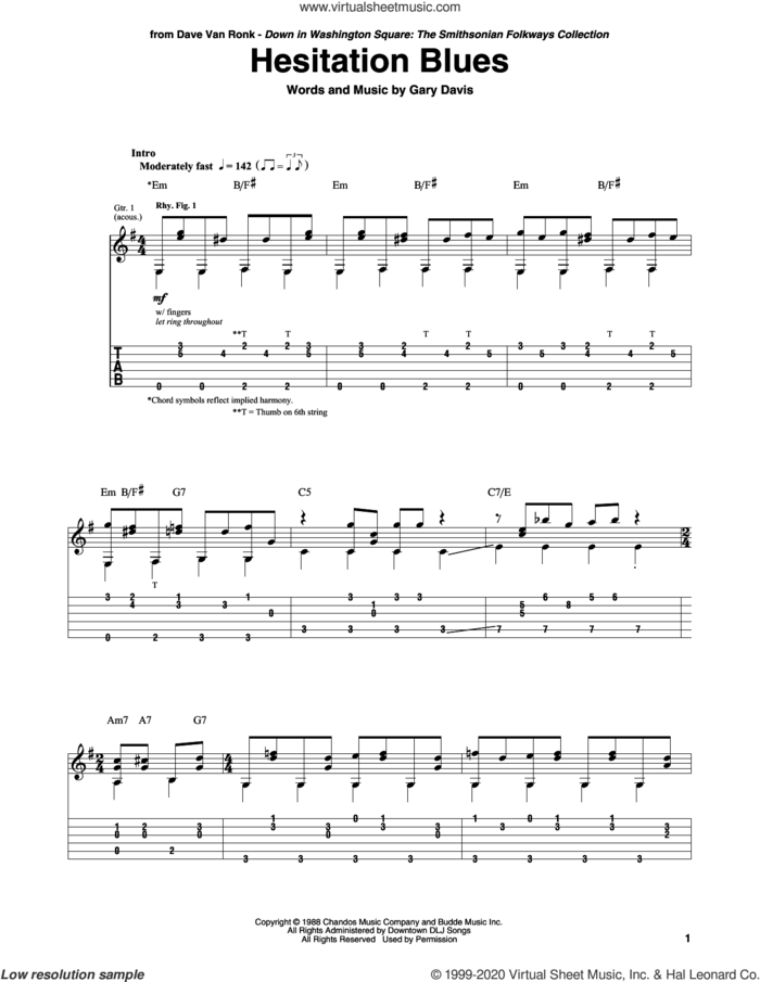 Hesitation Blues sheet music for guitar solo by Billy Smythe and J. Scott Middleton, intermediate skill level