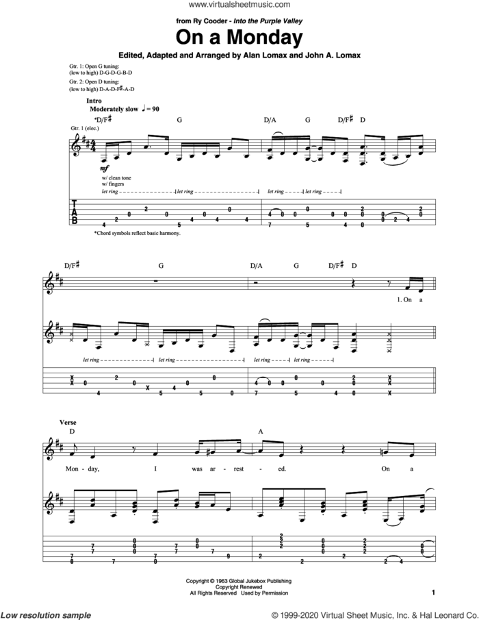 On A Monday sheet music for guitar solo by Ry Cooder, Lead Belly and John A. Lomax, intermediate skill level