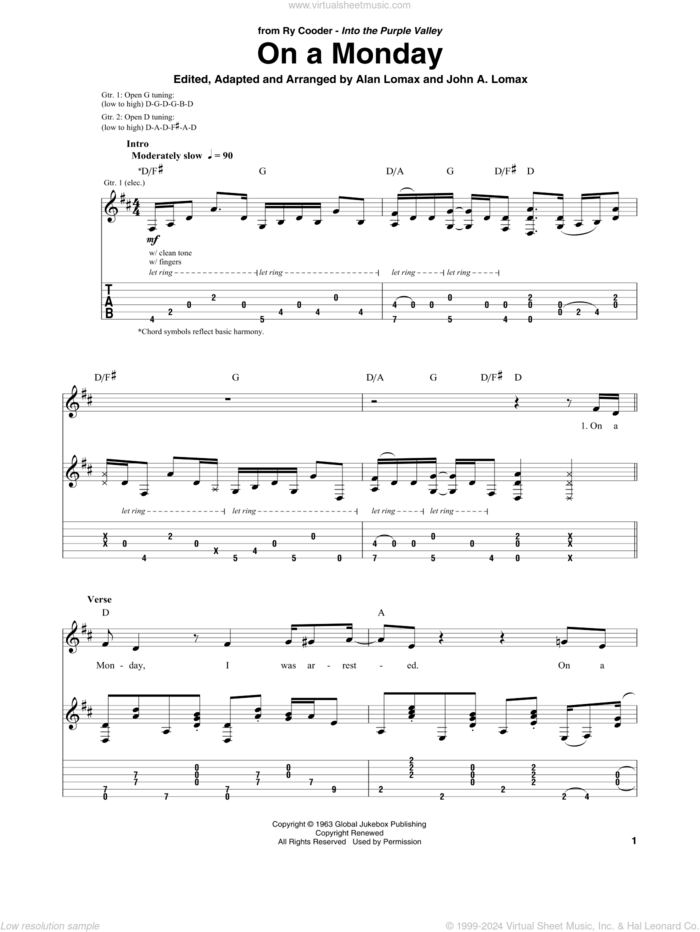 On A Monday sheet music for guitar solo by Ry Cooder, Lead Belly and John A. Lomax, intermediate skill level