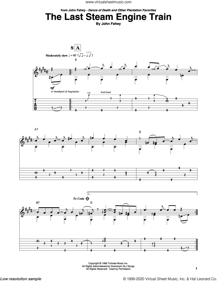 The Last Steam Engine Train sheet music for guitar solo by John Fahey, intermediate skill level
