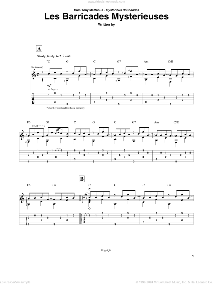 Les Barricades Mysterieuses sheet music for guitar solo by Francois Couperin, classical score, intermediate skill level