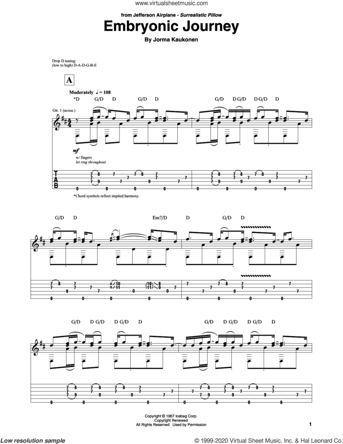 Embryonic Journey sheet music for guitar solo by Jefferson Airplane and Jorma Kaukonen, classical score, intermediate skill level