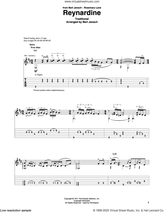 Reynardine sheet music for guitar solo by Bert Jansch and Miscellaneous, intermediate skill level