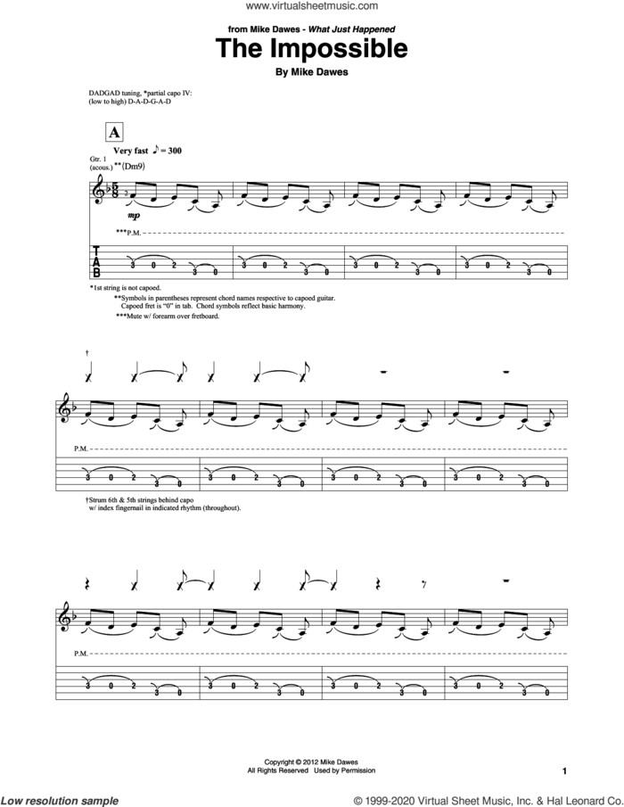 The Impossible sheet music for guitar solo by Mike Dawes, intermediate skill level