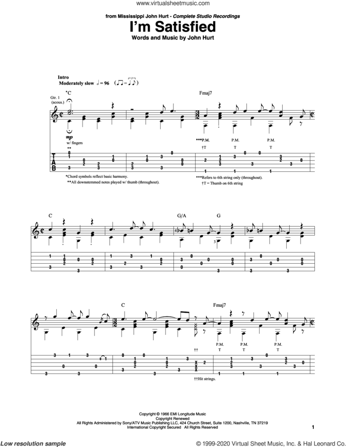 I'm Satisfied sheet music for guitar solo by John Hurt and Mississippi John Hurt, intermediate skill level