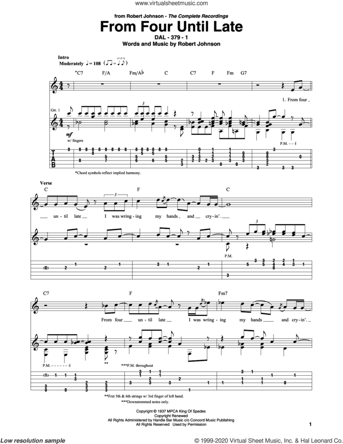 From Four Until Late sheet music for guitar solo by Robert Johnson, intermediate skill level