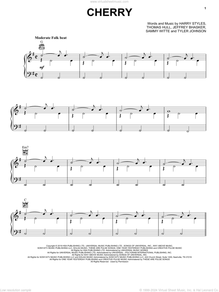 Cherry sheet music for voice, piano or guitar by Harry Styles, Jeffrey Bhasker, Sammy Witte, Tom Hull and Tyler Johnson, intermediate skill level