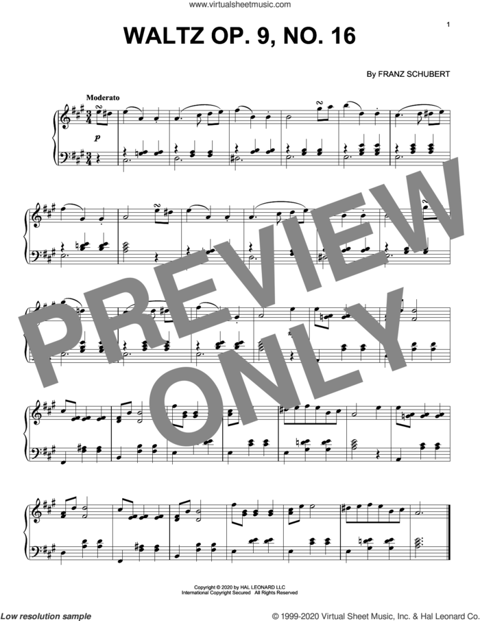 Waltz, Op. 9, No. 16 sheet music for piano solo by Franz Schubert, classical score, intermediate skill level