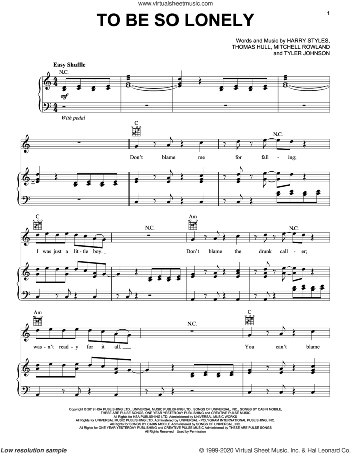 To Be So Lonely sheet music for voice, piano or guitar by Harry Styles, Mitchell Rowland, Tom Hull and Tyler Johnson, intermediate skill level