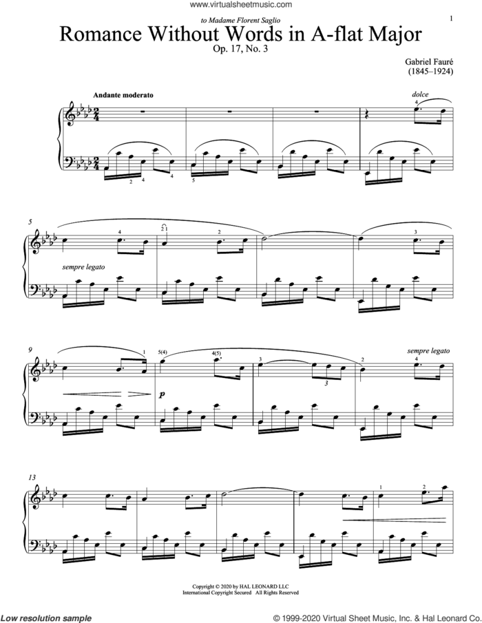 Romance Sans Paroles, Op. 17, No. 3 (Song Without Words) sheet music for piano solo by Gabriel Faure and Immanuela Gruenberg, classical score, intermediate skill level