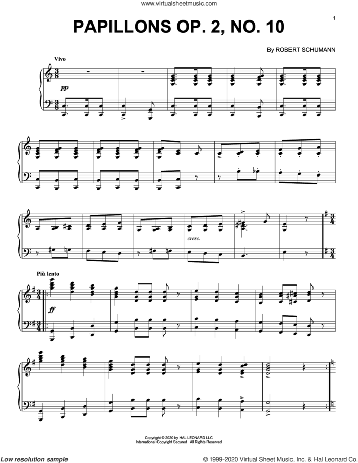 Papillons, Op. 2, No. 10 'Waltz Vivo' sheet music for piano solo by Robert Schumann, classical score, intermediate skill level