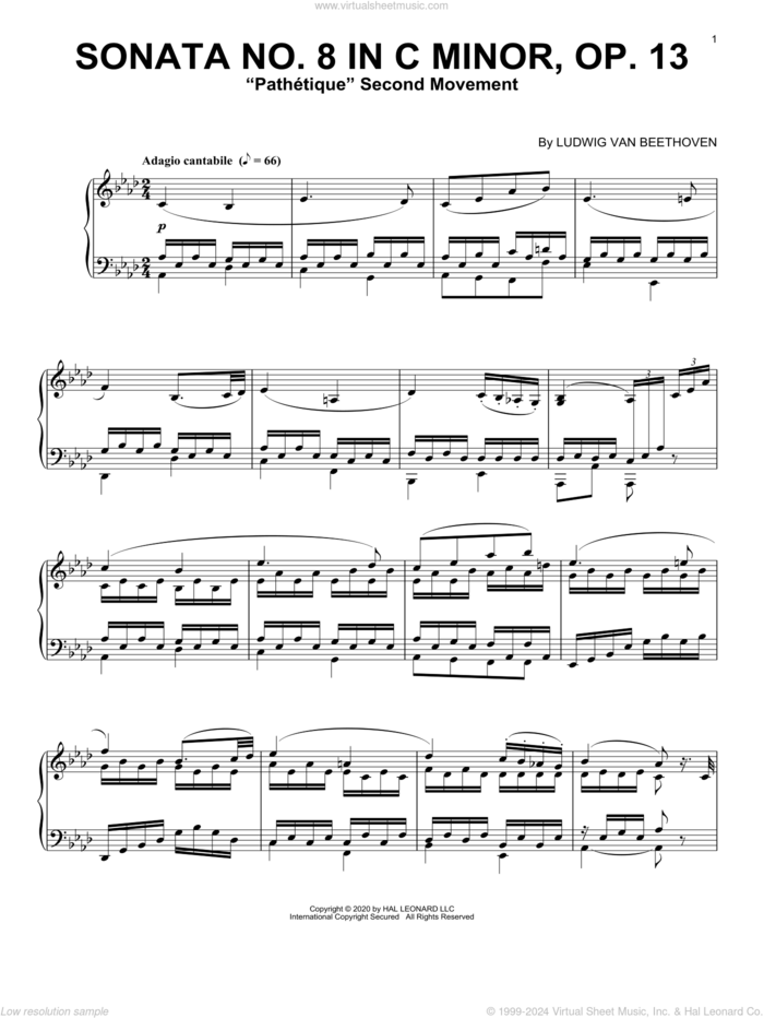 Sonata In C Minor, Op. 13 'Pathetique' (2nd Movement) sheet music for piano solo by Ludwig van Beethoven, classical score, intermediate skill level
