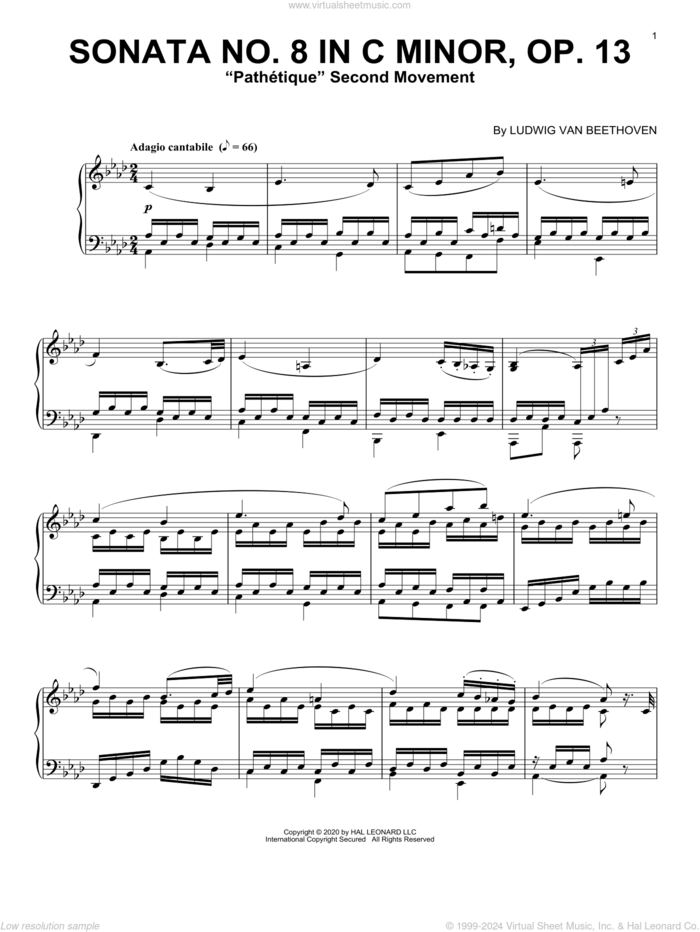 Sonata In C Minor, Op. 13 'Pathetique' (2nd Movement) sheet music for piano solo by Ludwig van Beethoven, classical score, intermediate skill level