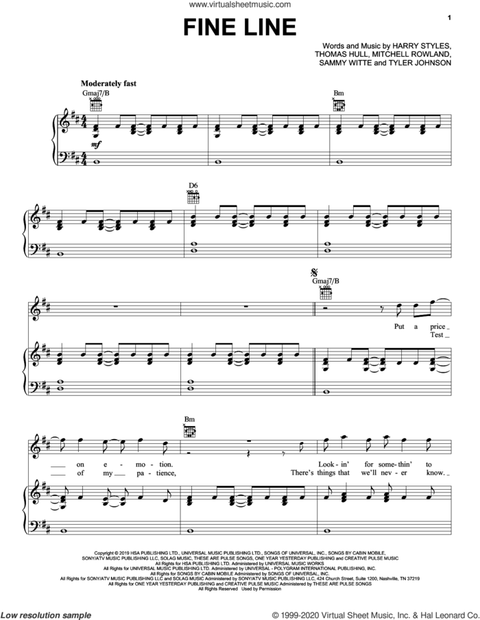Fine Line sheet music for voice, piano or guitar by Harry Styles, Mitchell Rowland, Sammy Witte, Tom Hull and Tyler Johnson, intermediate skill level