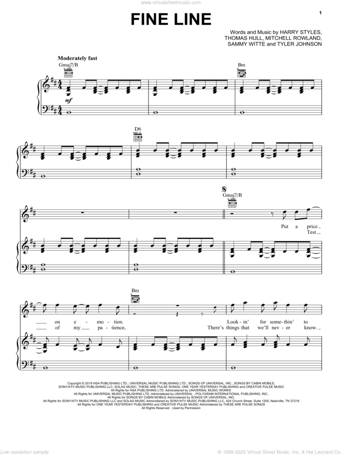 Fine Line sheet music for voice, piano or guitar by Harry Styles, Mitchell Rowland, Sammy Witte, Tom Hull and Tyler Johnson, intermediate skill level