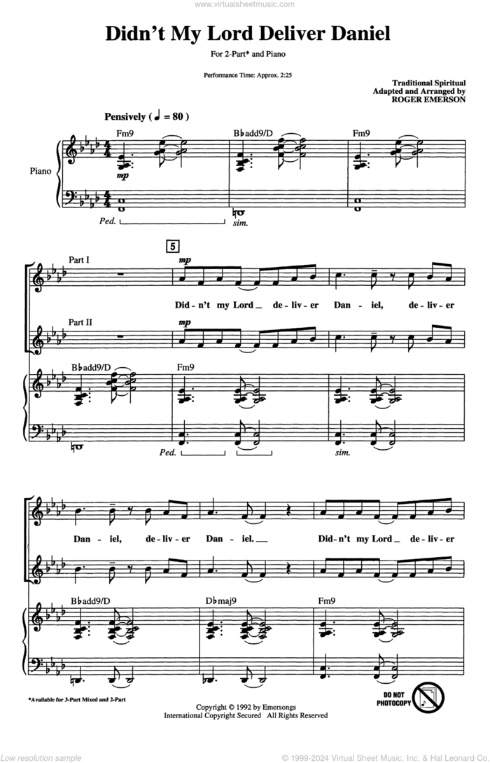 Didn't My Lord Deliver Daniel (arr. Roger Emerson) sheet music for choir (2-Part)  and Roger Emerson, intermediate duet