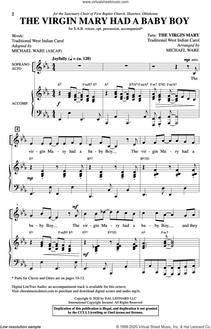 The Virgin Mary Had A Baby Boy (arr. Michael Ware) sheet music for choir (SAB: soprano, alto, bass) by Traditional West Indian Carol and Michael Ware, intermediate skill level