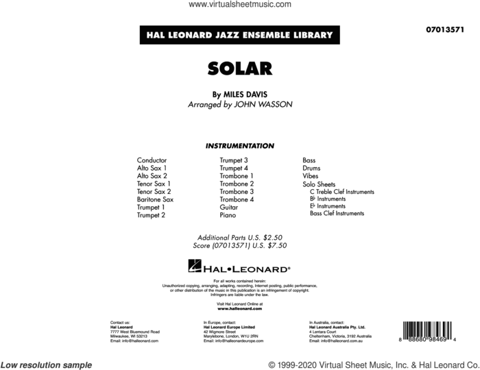 Solar (arr. John Wasson) (COMPLETE) sheet music for jazz band by Miles Davis and John Wasson, intermediate skill level