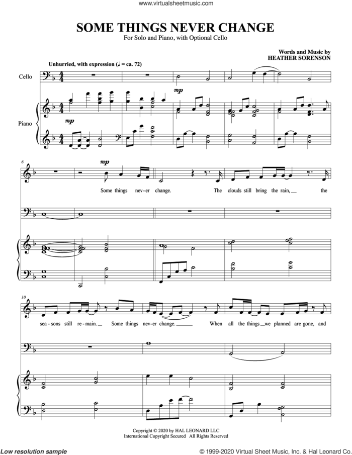 Some Things Never Change (for High Voice and Cello) sheet music for voice and piano (High Voice) by Heather Sorenson, intermediate skill level