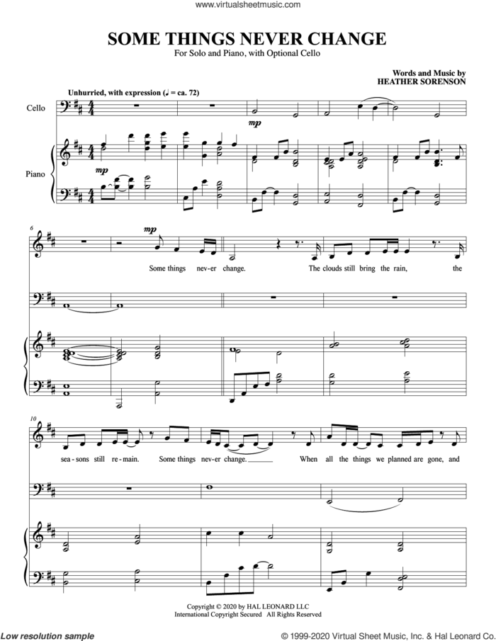 Some Things Never Change (for Low Voice and Cello) sheet music for voice and piano (Low Voice) by Heather Sorenson, intermediate skill level