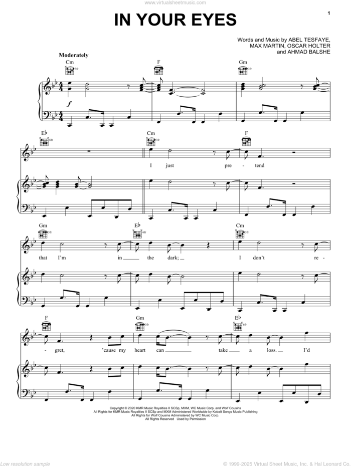 In Your Eyes sheet music for voice, piano or guitar by The Weeknd, Abel Tesfaye, Ahmad Balshe, Max Martin and Oscar Holter, intermediate skill level