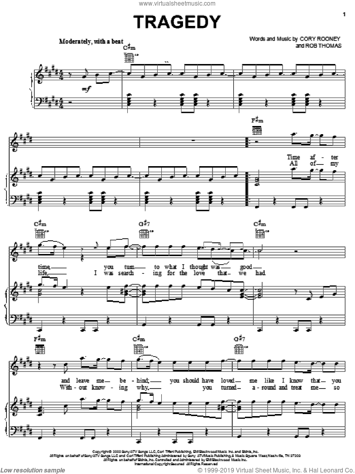 Tragedy sheet music for voice, piano or guitar by Marc Anthony, Cory Rooney and Rob Thomas, intermediate skill level