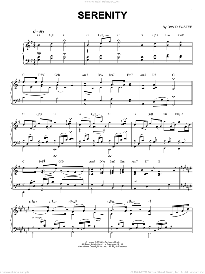 Serenity sheet music for piano solo by David Foster, classical score, intermediate skill level