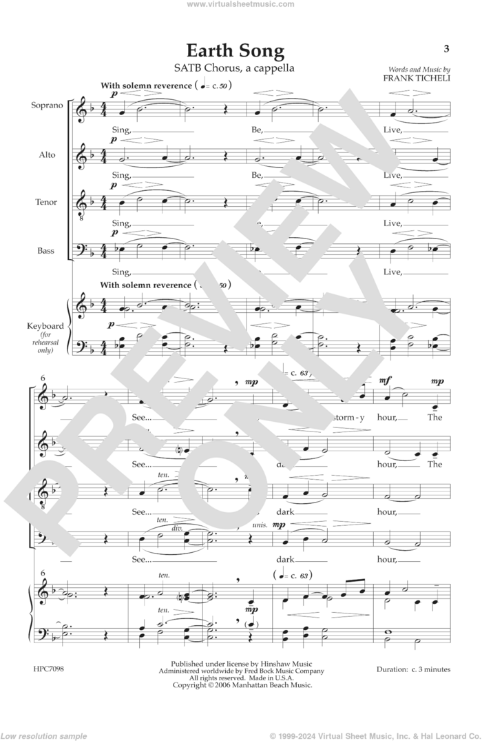 Earth Song sheet music for choir (SATB: soprano, alto, tenor, bass) by Frank Ticheli, intermediate skill level