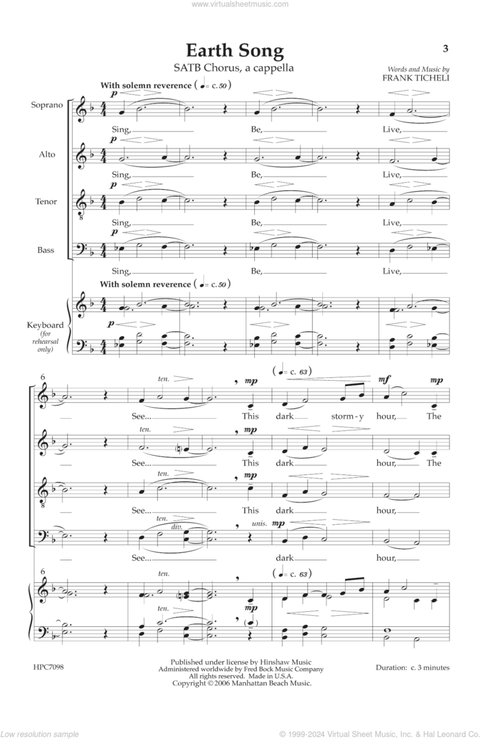 Earth Song sheet music for choir (SATB: soprano, alto, tenor, bass) by Frank Ticheli, intermediate skill level