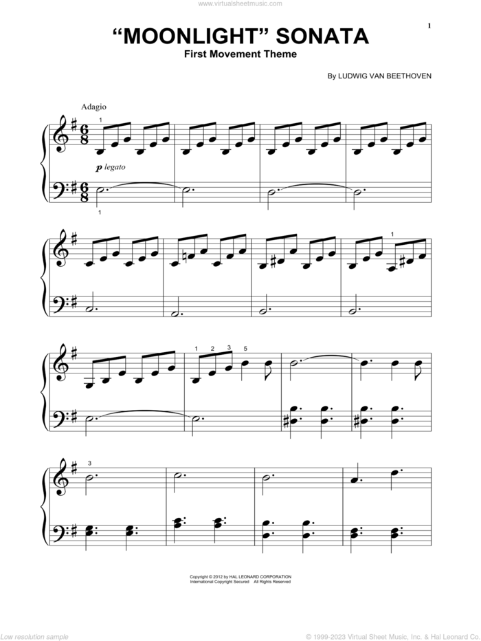Piano Sonata No. 14 In C# Minor (Moonlight) Op. 27, No. 2, First Movement Theme sheet music for piano solo by Ludwig van Beethoven, classical score, beginner skill level