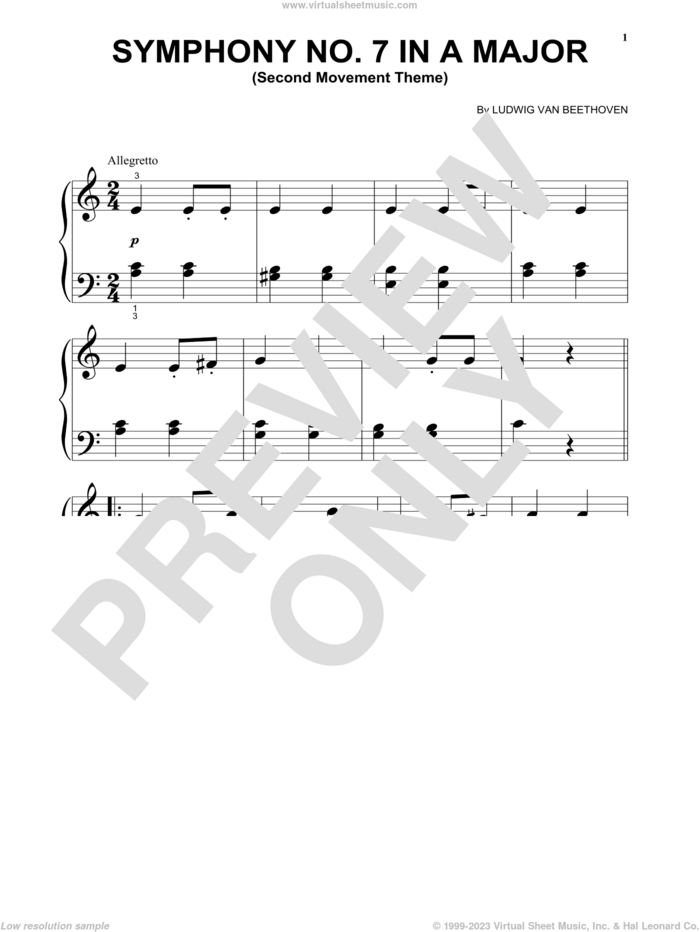 Symphony No. 7 In A Major, Second Movement (Allegretto), (beginner) sheet music for piano solo by Ludwig van Beethoven, classical score, beginner skill level