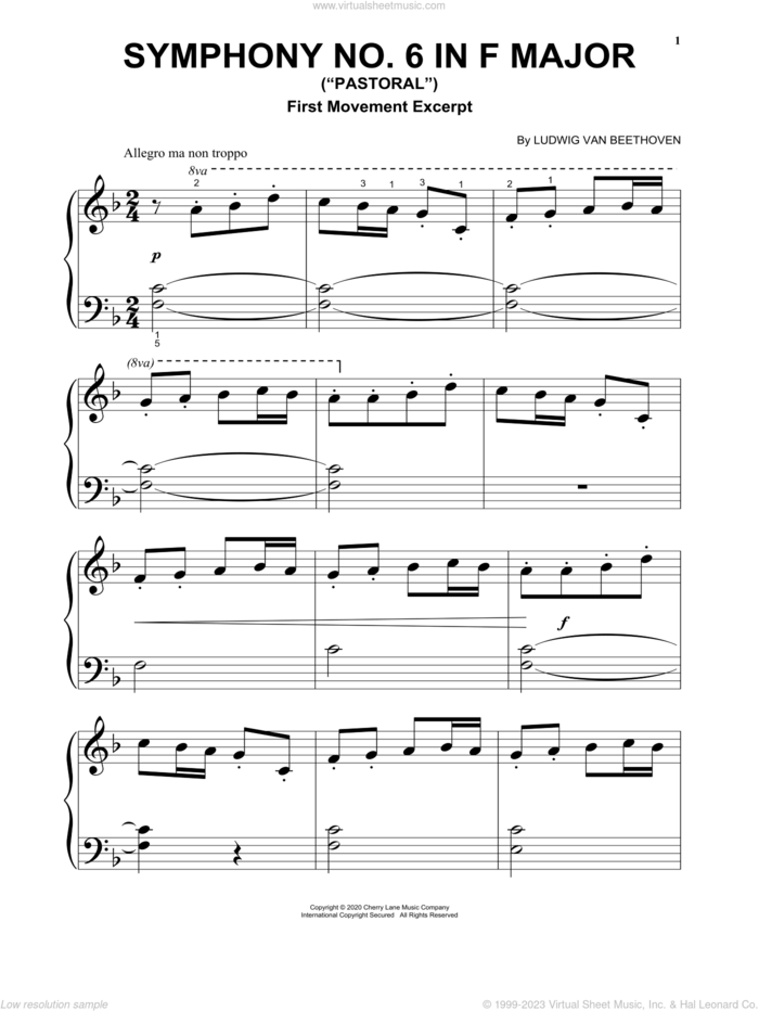 Symphony No. 6 In F Major ('Pastoral'), First Movement Excerpt, (beginner) sheet music for piano solo by Ludwig van Beethoven, classical score, beginner skill level