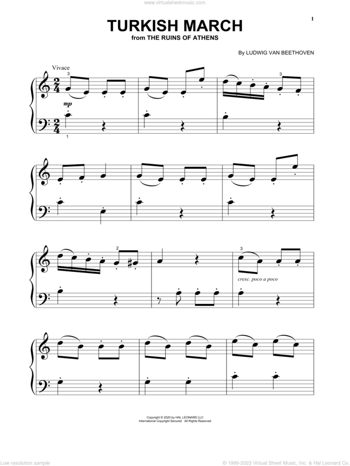 Turkish March, (beginner) sheet music for piano solo by Ludwig van Beethoven, classical score, beginner skill level