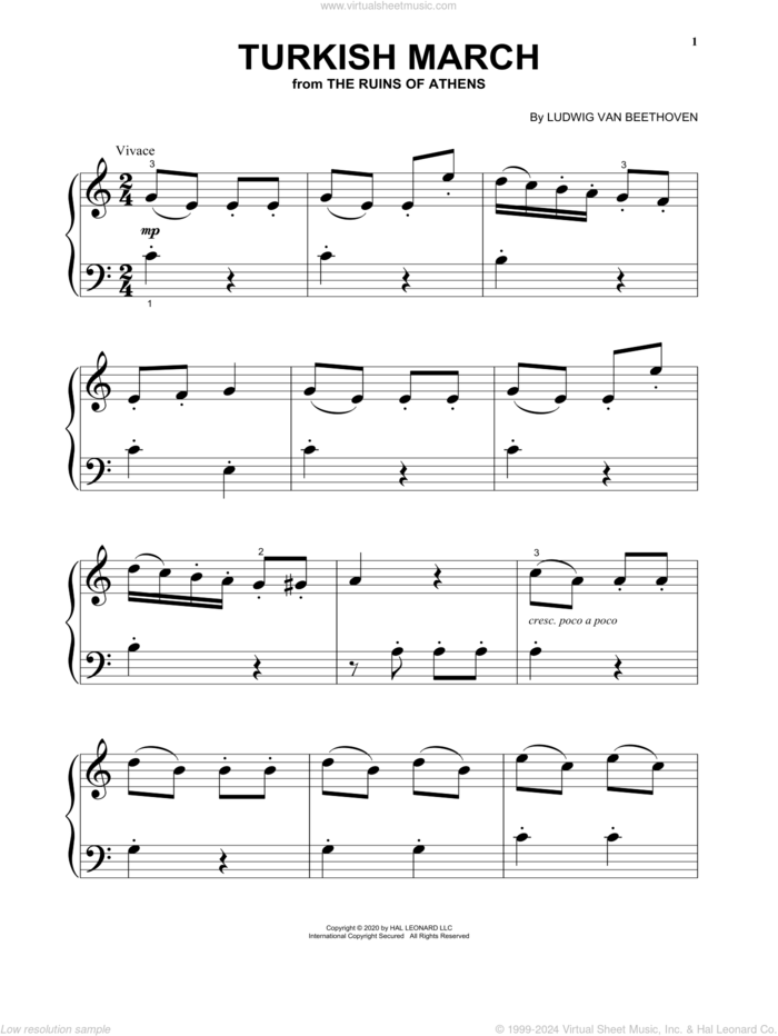 Turkish March, (beginner) sheet music for piano solo by Ludwig van Beethoven, classical score, beginner skill level