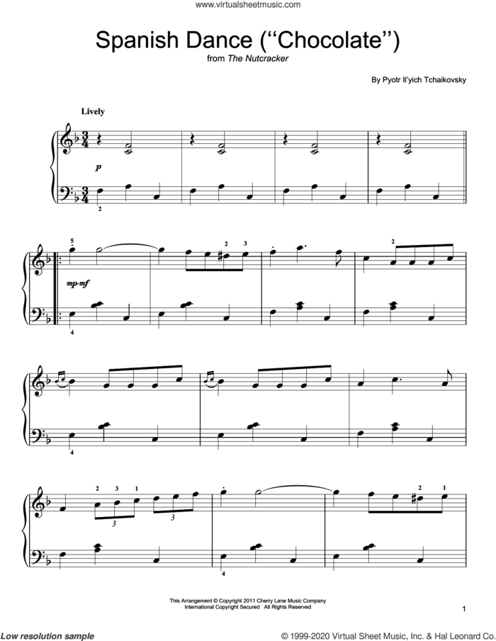 Spanish Dance sheet music for piano solo by Pyotr Ilyich Tchaikovsky, classical score, easy skill level