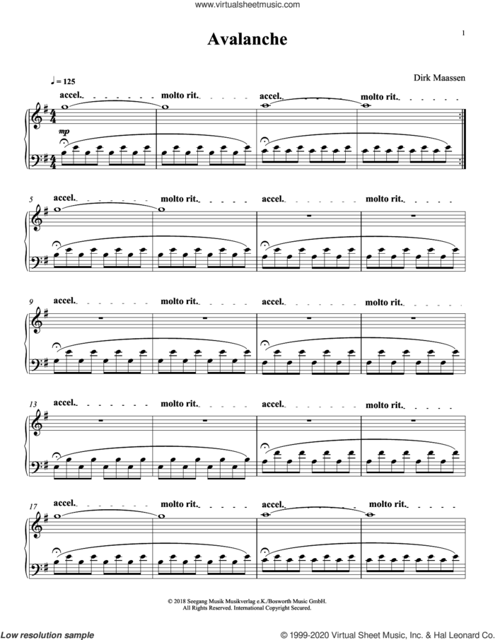 Avalanche sheet music for piano solo by Dirk Maassen, intermediate skill level