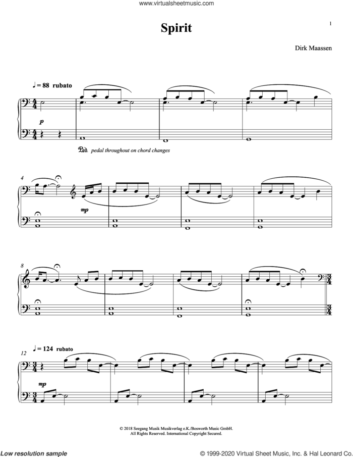 Spirit sheet music for piano solo by Dirk Maassen, intermediate skill level