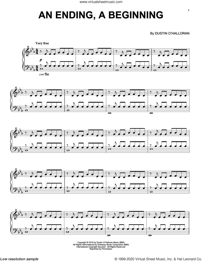 An Ending, A Beginning sheet music for piano solo by Dustin O'Halloran, intermediate skill level