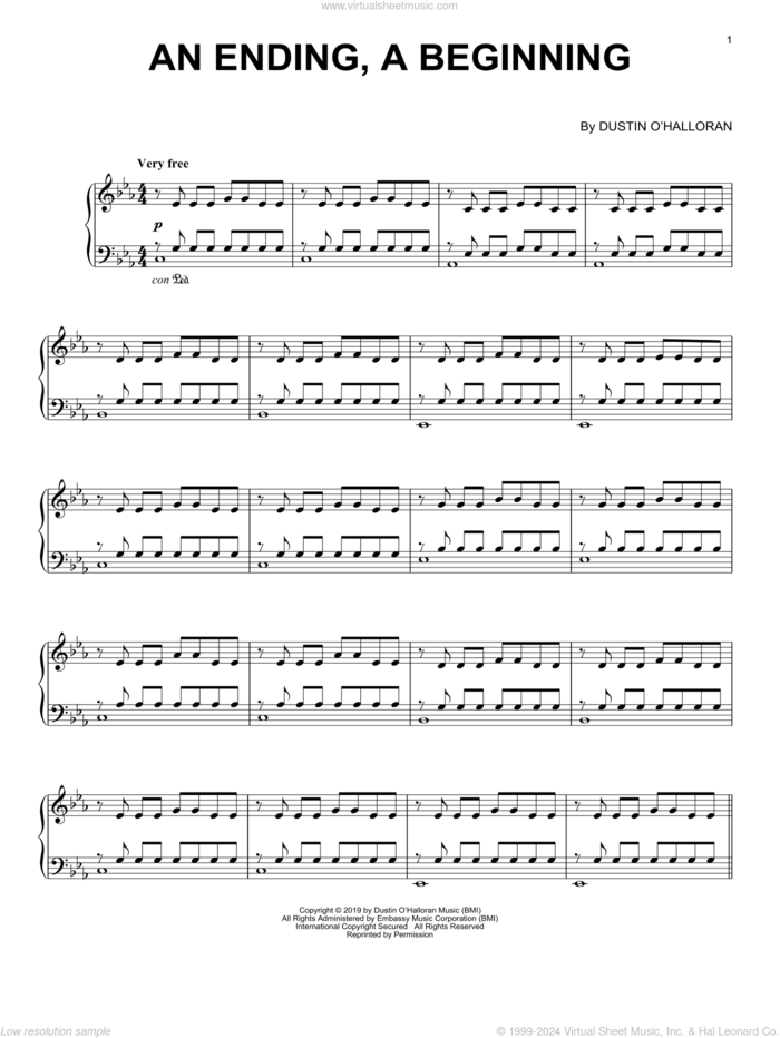 An Ending, A Beginning sheet music for piano solo by Dustin O'Halloran, intermediate skill level