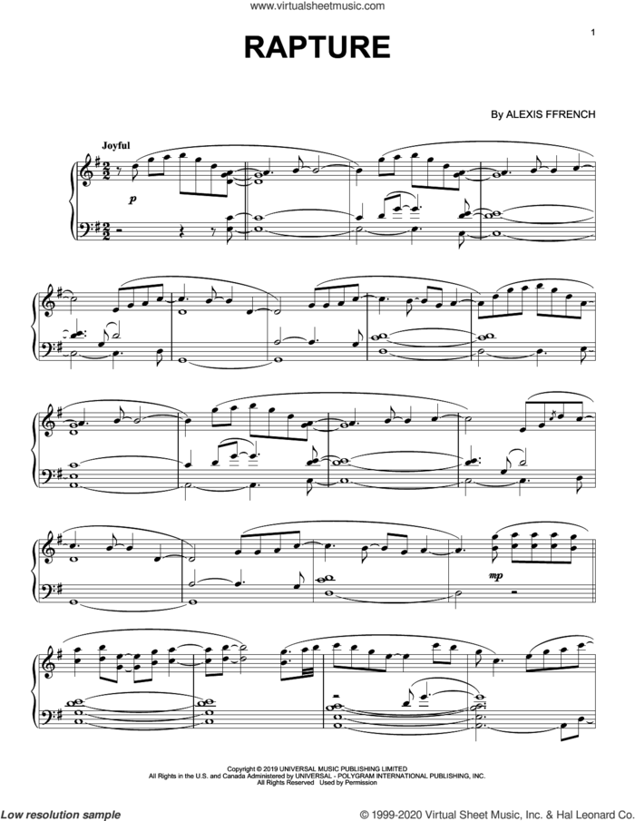 Rapture sheet music for piano solo by Alexis Ffrench, intermediate skill level