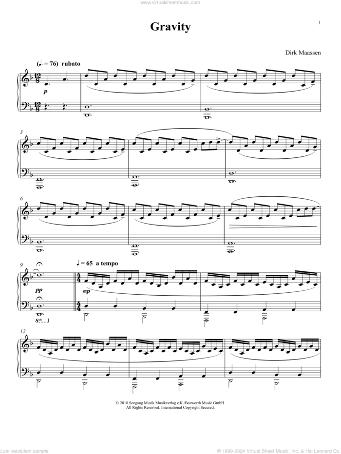 Gravity sheet music for piano solo by Dirk Maassen, intermediate skill level